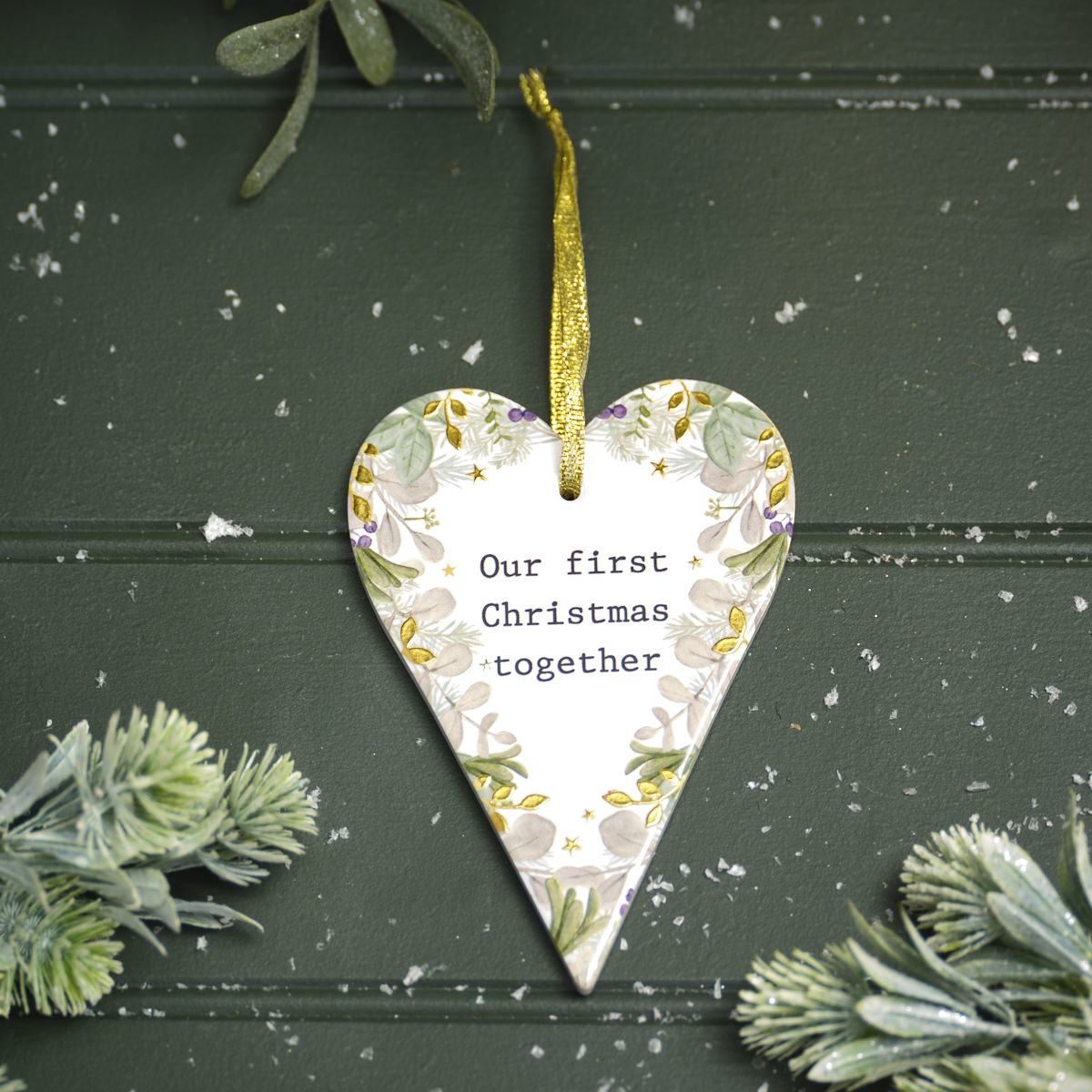 WITH LOVE AT CHRISTMAS OUR FIRST CHRISTMAS TOGETHER RAISED DESIGN WITH GOLD CERAMIC HEART HANGER