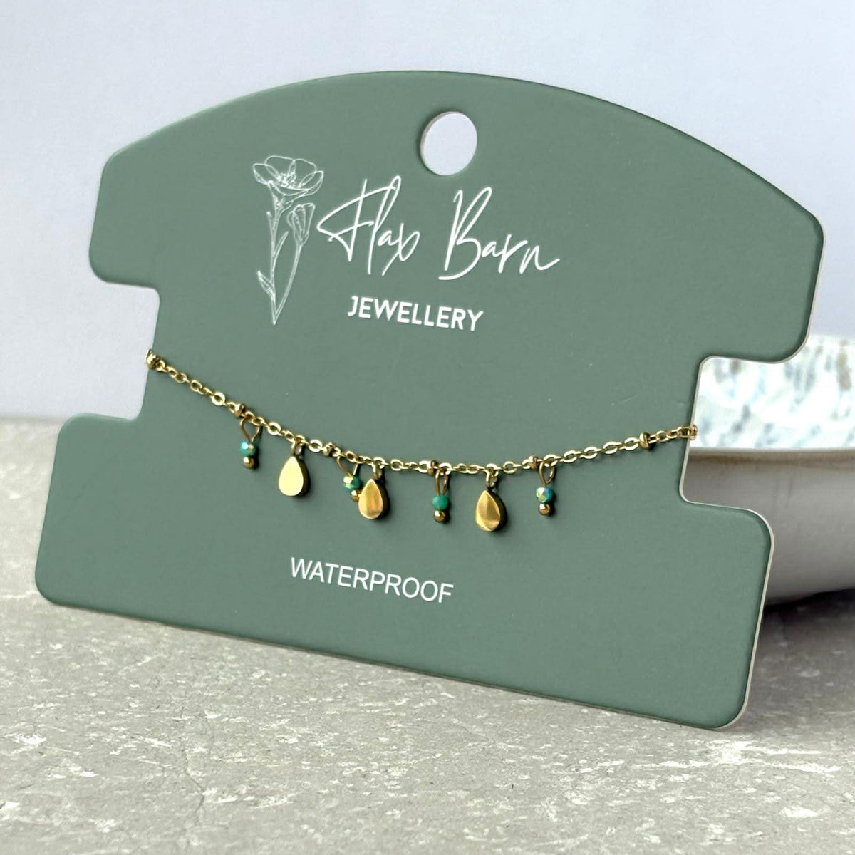 Teardrop and Green Bead Bracelet - Flax Barn Waterproof Jewellery