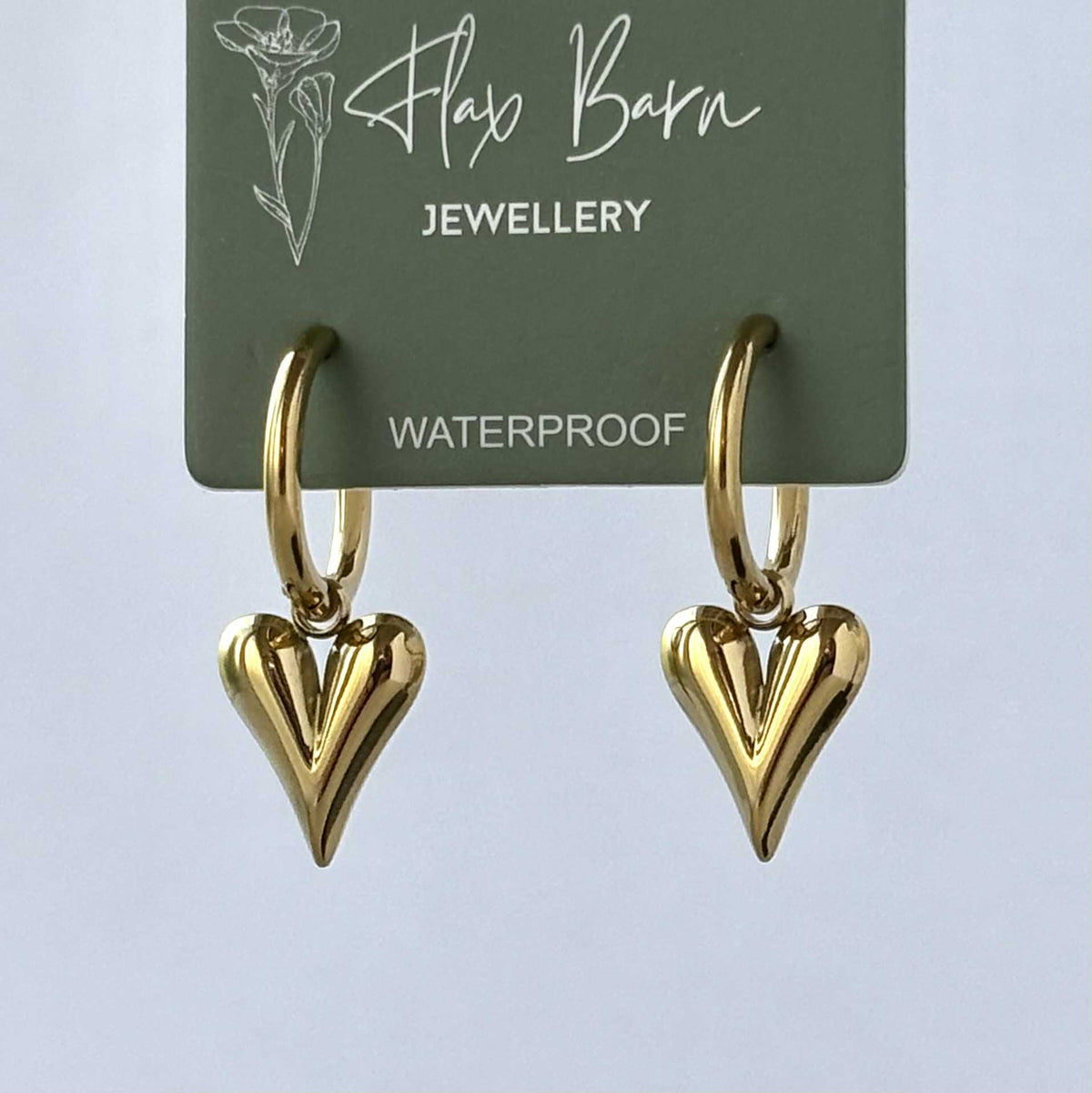 Gold Puffed Heart Drop Huggies - Flax Barn Waterproof Jewellery
