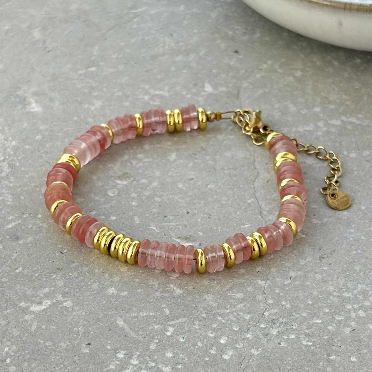 Pink Stone and Gold Beaded Bracelet - Flax Barn Waterproof Jewellery