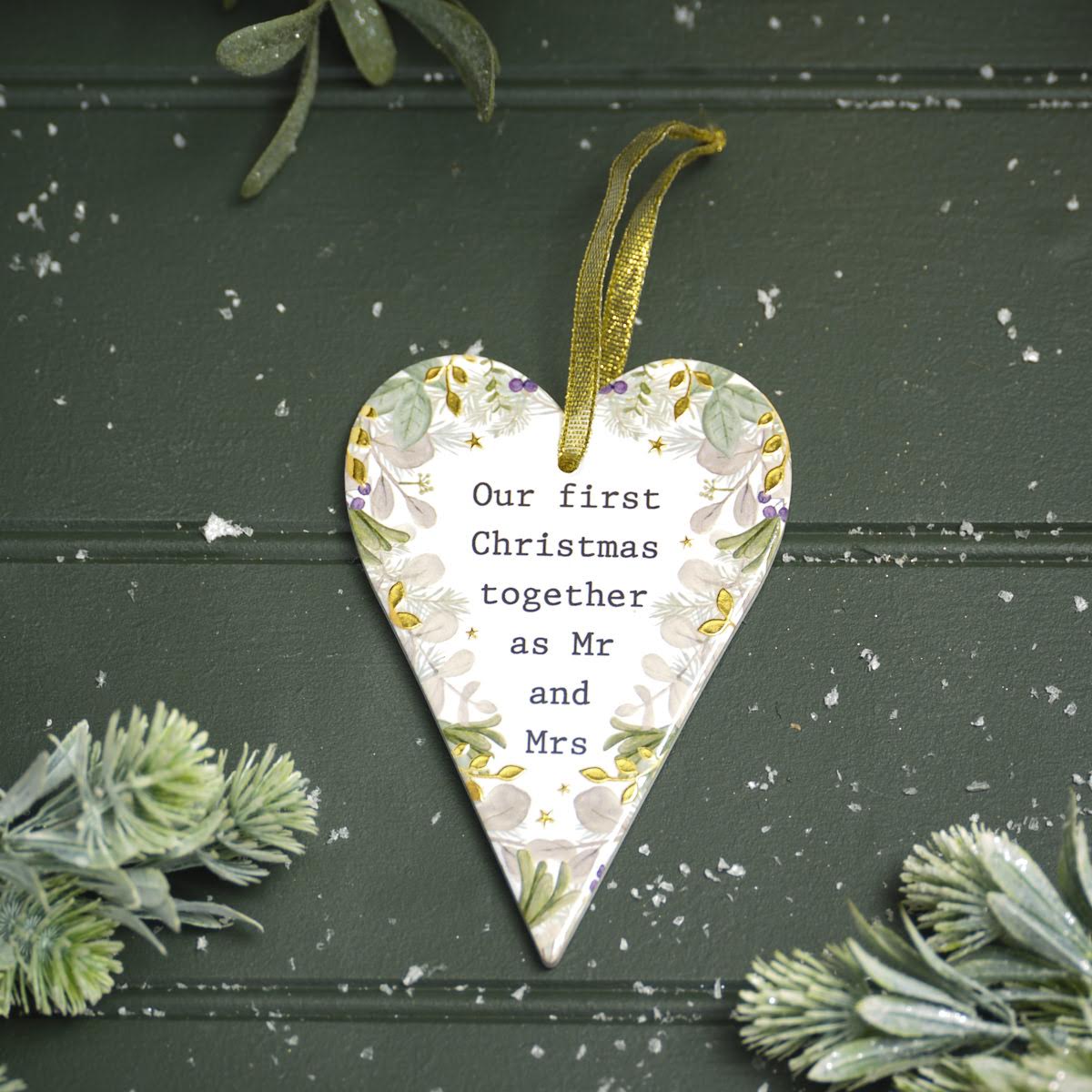 WITH LOVE AT CHRISTMAS MR AND MRS FIRST CHRISTMAS RAISED DESIGN WITH GOLD CERAMIC HEART HANGER