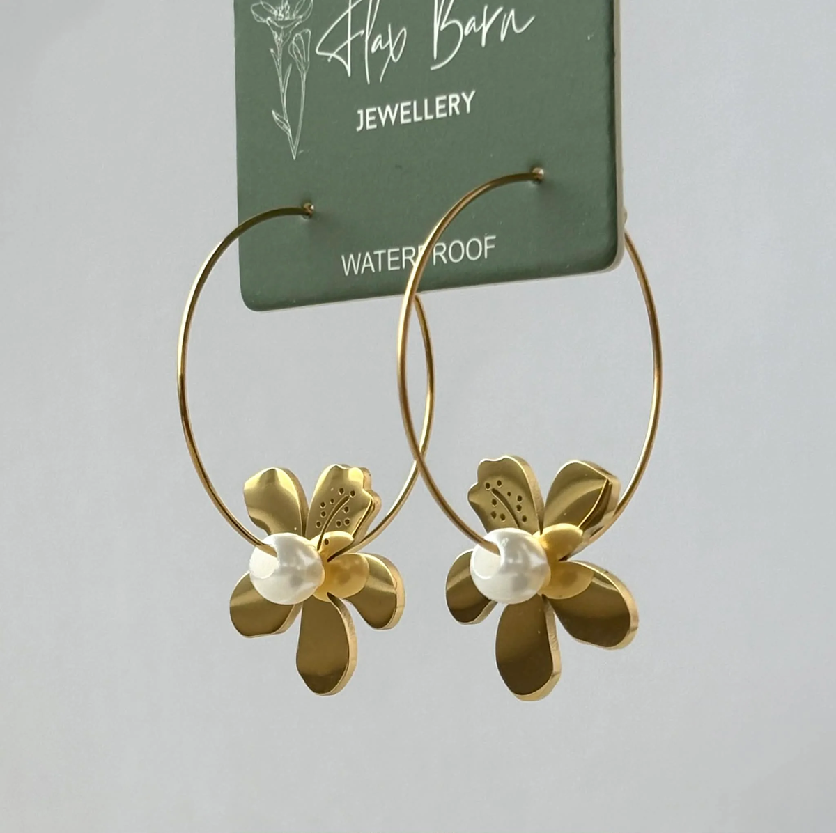 Gold Tropical Flower Dangle Hoop Earrings - Flax Barn Waterproof Jewellery