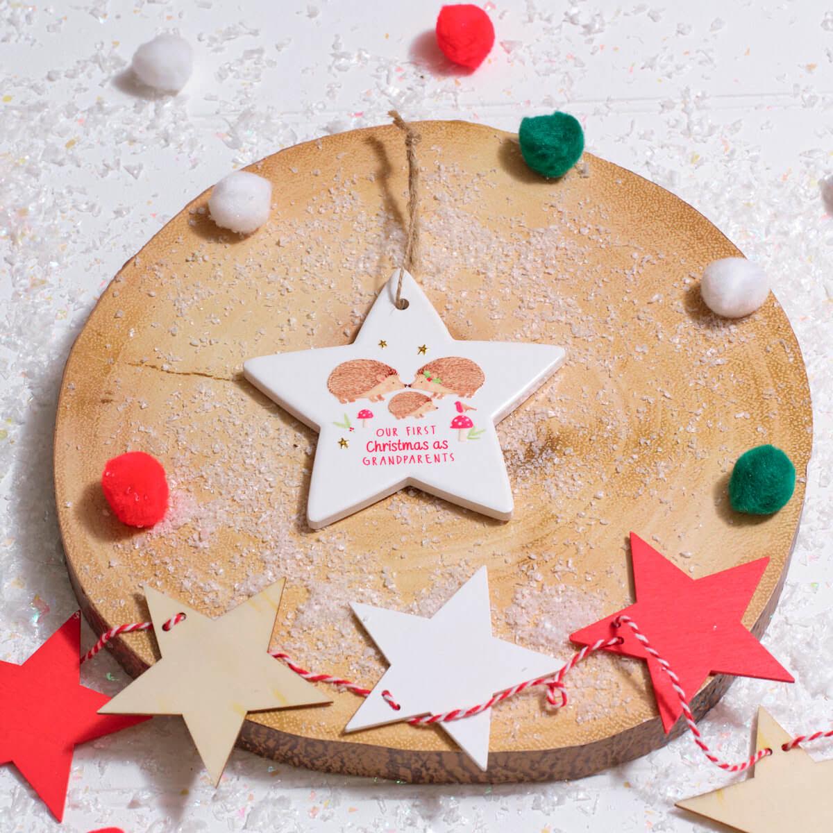 CHILDRENS WINTER WONDERLAND OUR FIRST AS GRANDPARENTS RAISED DESIGN CERAMIC HANGING STAR