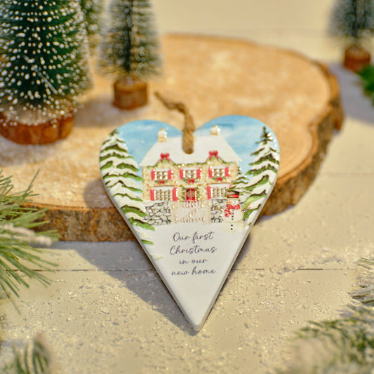 CHRISTMAS COTTAGE RAISED DESIGN OUR FIRST CHRISTMAS NEW HOME CERAMIC HEART HANGER