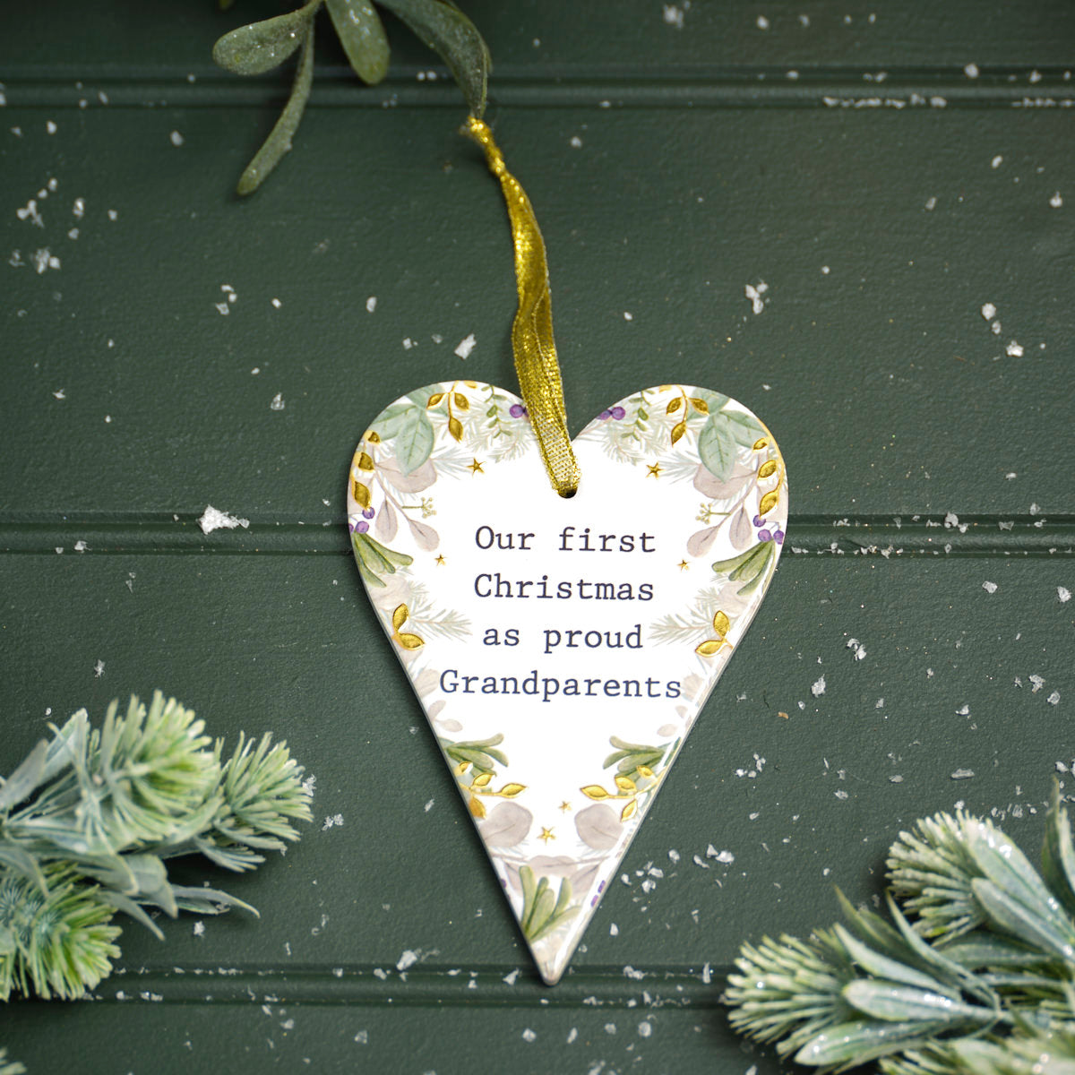 WITH LOVE AT CHRISTMAS OUR FIRST CHRISTMAS AS GRANDPARENTS RAISED DESIGN WITH GOLD CERAMIC HEART HANGER