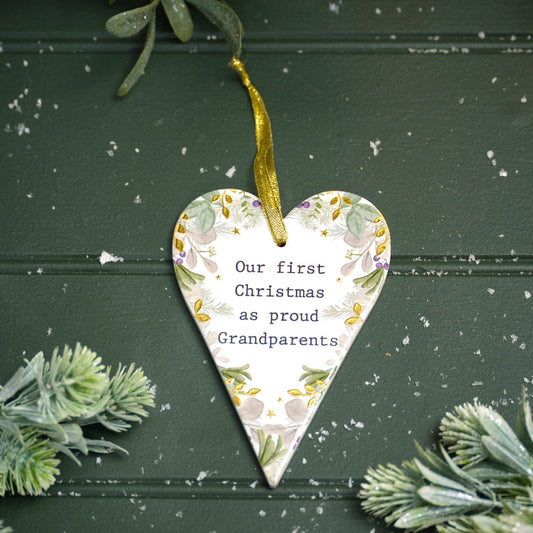 WITH LOVE AT CHRISTMAS OUR FIRST CHRISTMAS AS GRANDPARENTS RAISED DESIGN WITH GOLD CERAMIC HEART HANGER