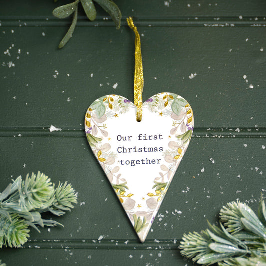 WITH LOVE AT CHRISTMAS OUR FIRST CHRISTMAS TOGETHER RAISED DESIGN WITH GOLD CERAMIC HEART HANGER