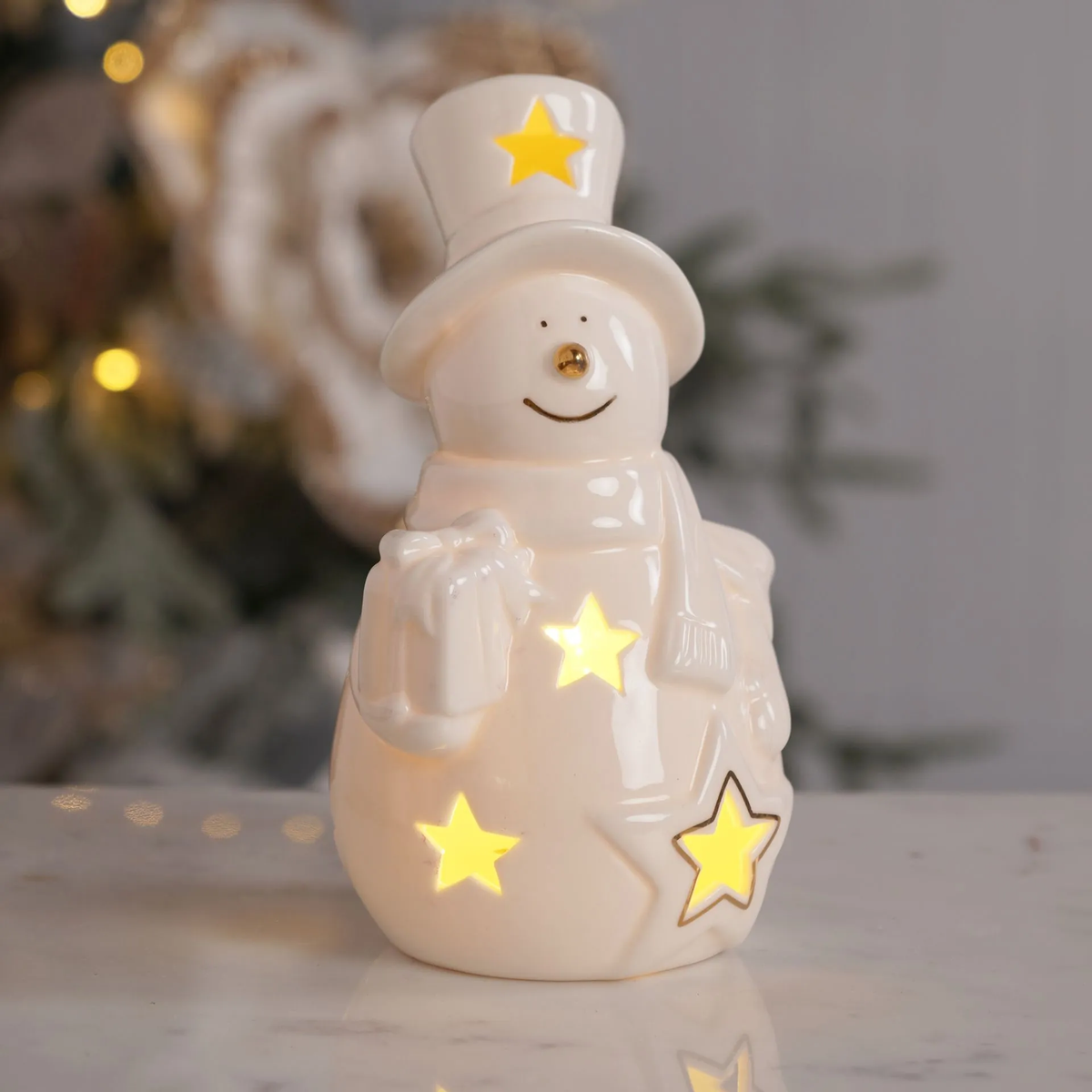LED CERAMIC SNOWMAN WHITE & GOLD