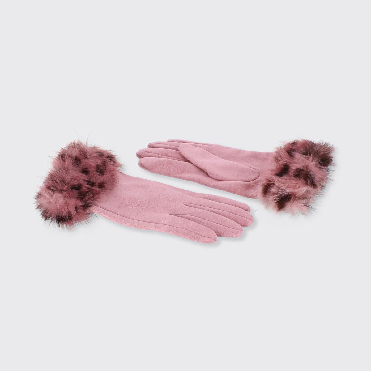Snow Leopard Faux Fur Edge  Gloves - Pink