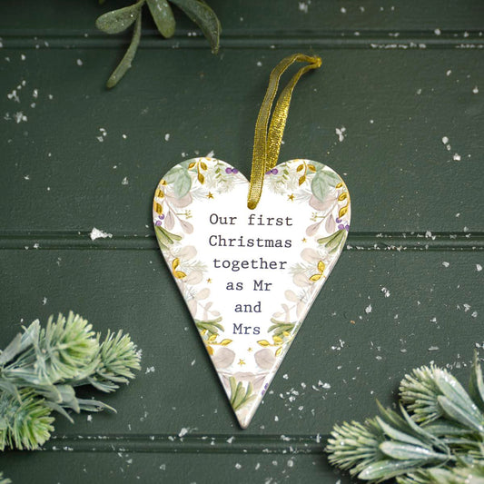 WITH LOVE AT CHRISTMAS MR AND MRS FIRST CHRISTMAS RAISED DESIGN WITH GOLD CERAMIC HEART HANGER