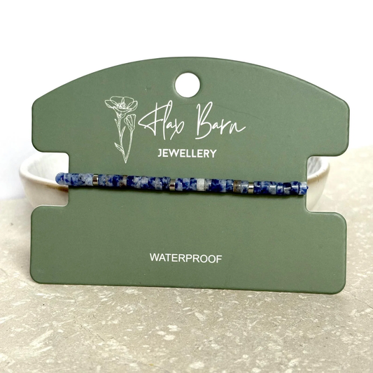 Blue Dot Jasper Gemstone Pull Cord Bracelet - Flax Barn Waterproof Jewellery