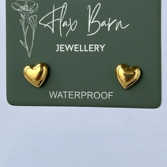 Gold Heart Studs - Flax Barn Waterproof Jewellery