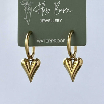 Gold Puffed Heart Drop Huggies - Flax Barn Waterproof Jewellery