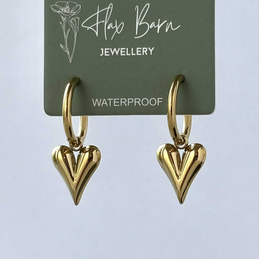 Gold Puffed Heart Drop Huggies - Flax Barn Waterproof Jewellery