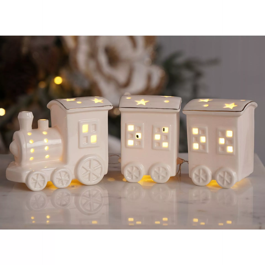LED CERAMIC WHITE & GOLD TRAIN & CARRIAGES