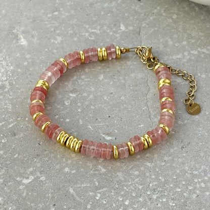 Pink Stone and Gold Beaded Bracelet - Flax Barn Waterproof Jewellery
