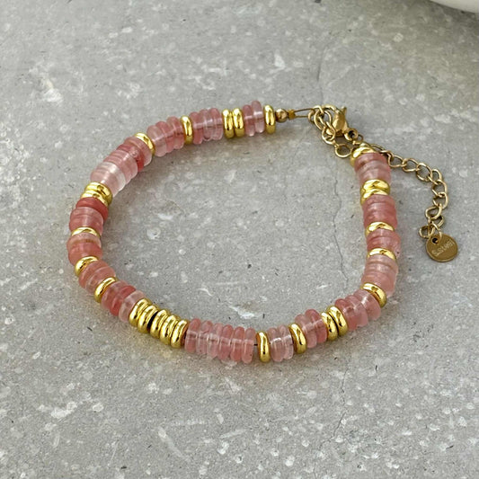 Pink Stone and Gold Beaded Bracelet - Flax Barn Waterproof Jewellery
