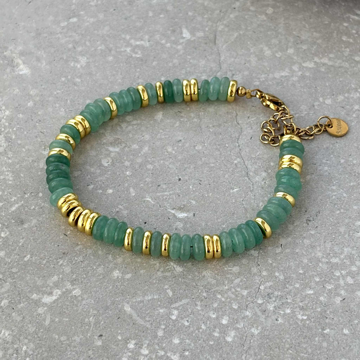 Green Stone and Gold Beaded Bracelet - Flax Barn Waterproof Jewellery