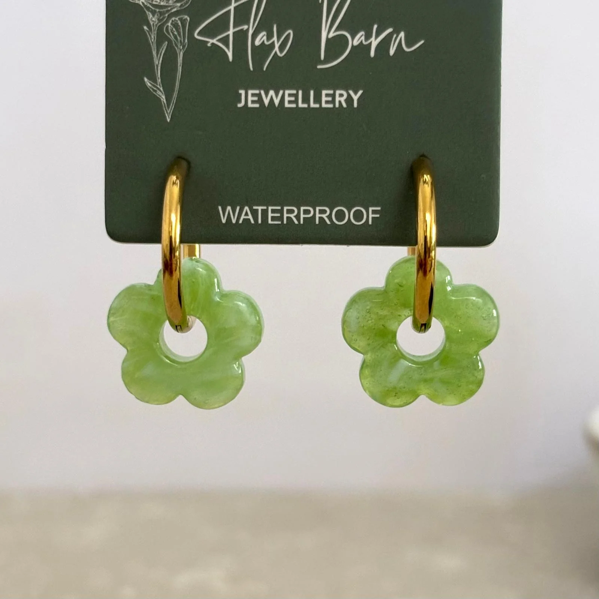 Green Glass Bead Flower Huggies - Flax Barn Waterproof Jewellery