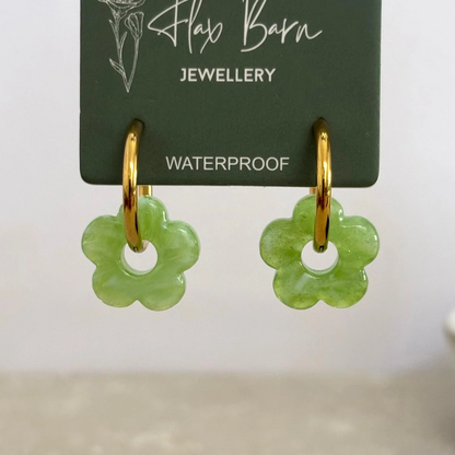 Green Glass Bead Flower Huggies - Flax Barn Waterproof Jewellery