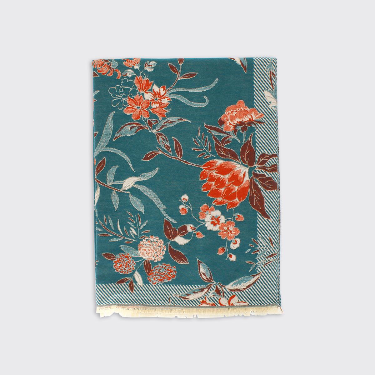 Poppy Woven Floral Scarf -  Teal Orange