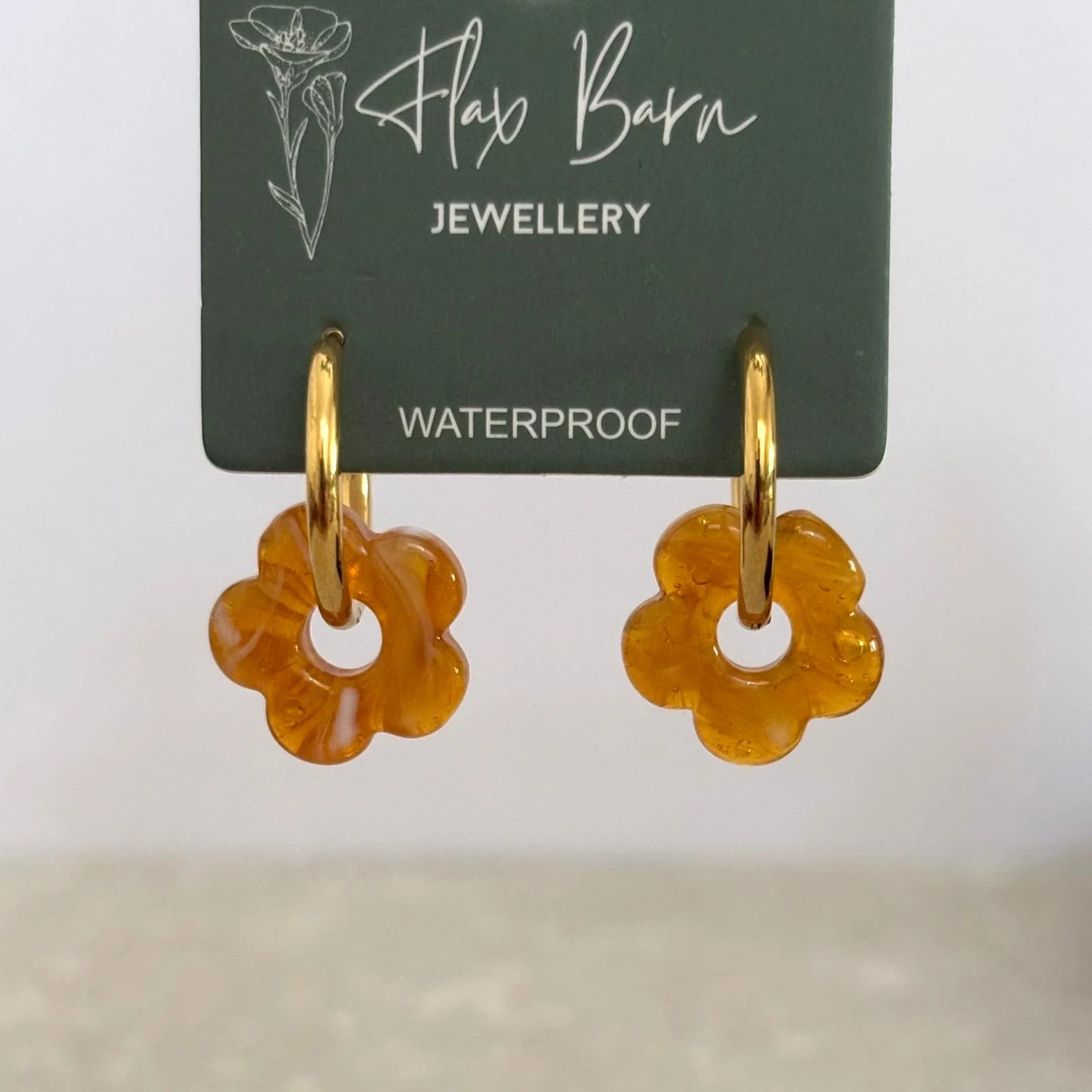 Amber Glass Bead Flower Huggies - Flax Barn Waterproof Jewellery
