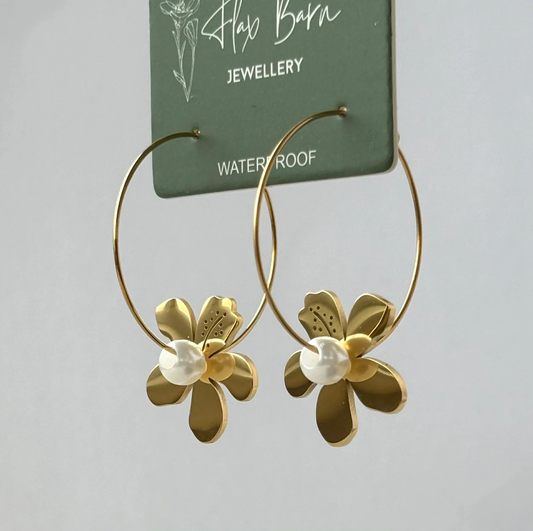 Gold Tropical Flower Dangle Hoop Earrings - Flax Barn Waterproof Jewellery