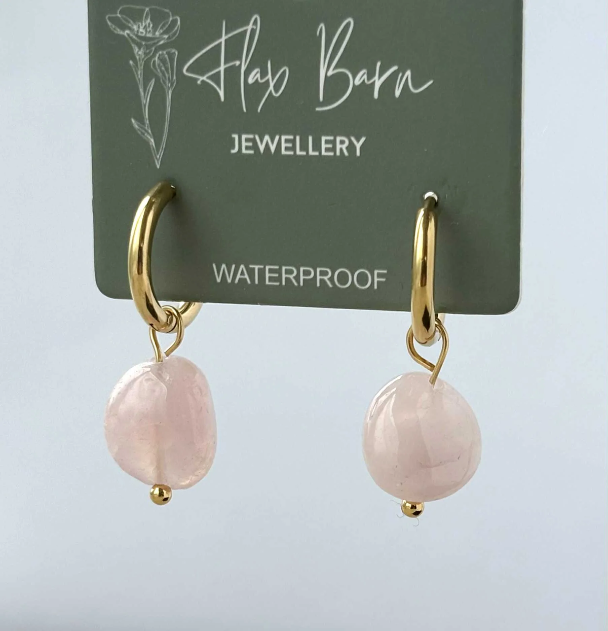 Rose Quartz Gemstone Drop Huggies - Flax Barn Waterproof Jewellery