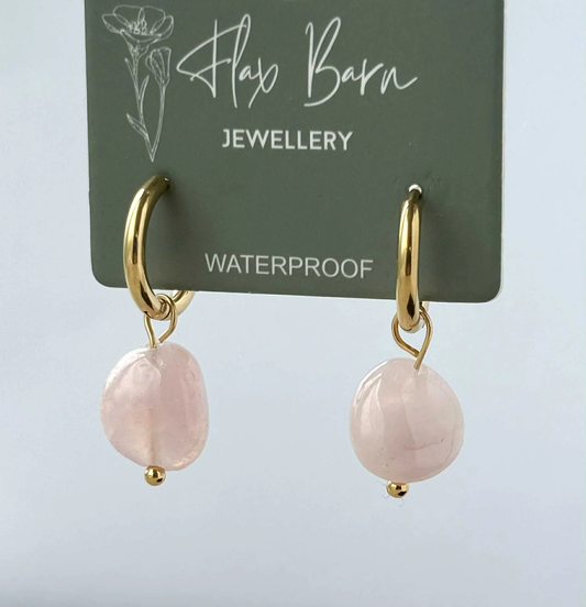 Rose Quartz Gemstone Drop Huggies - Flax Barn Waterproof Jewellery