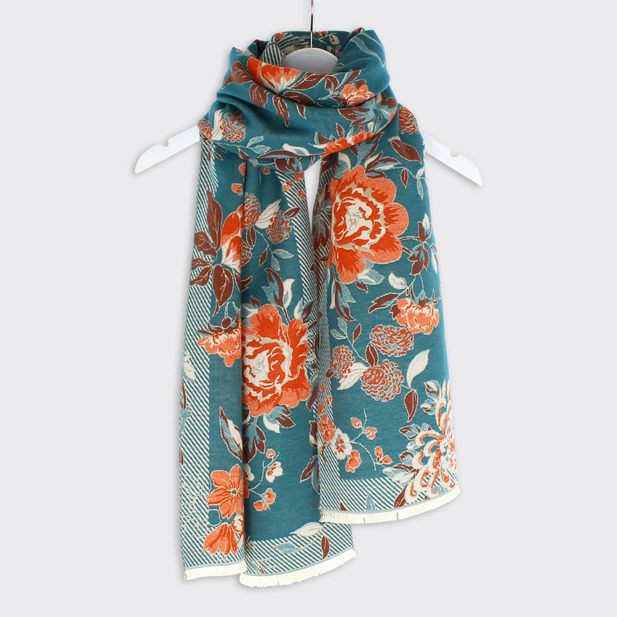 Poppy Woven Floral Scarf -  Teal Orange