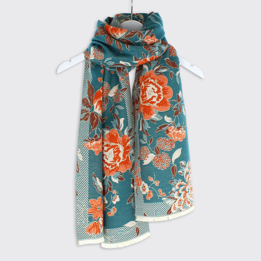 Poppy Woven Floral Scarf -  Teal Orange