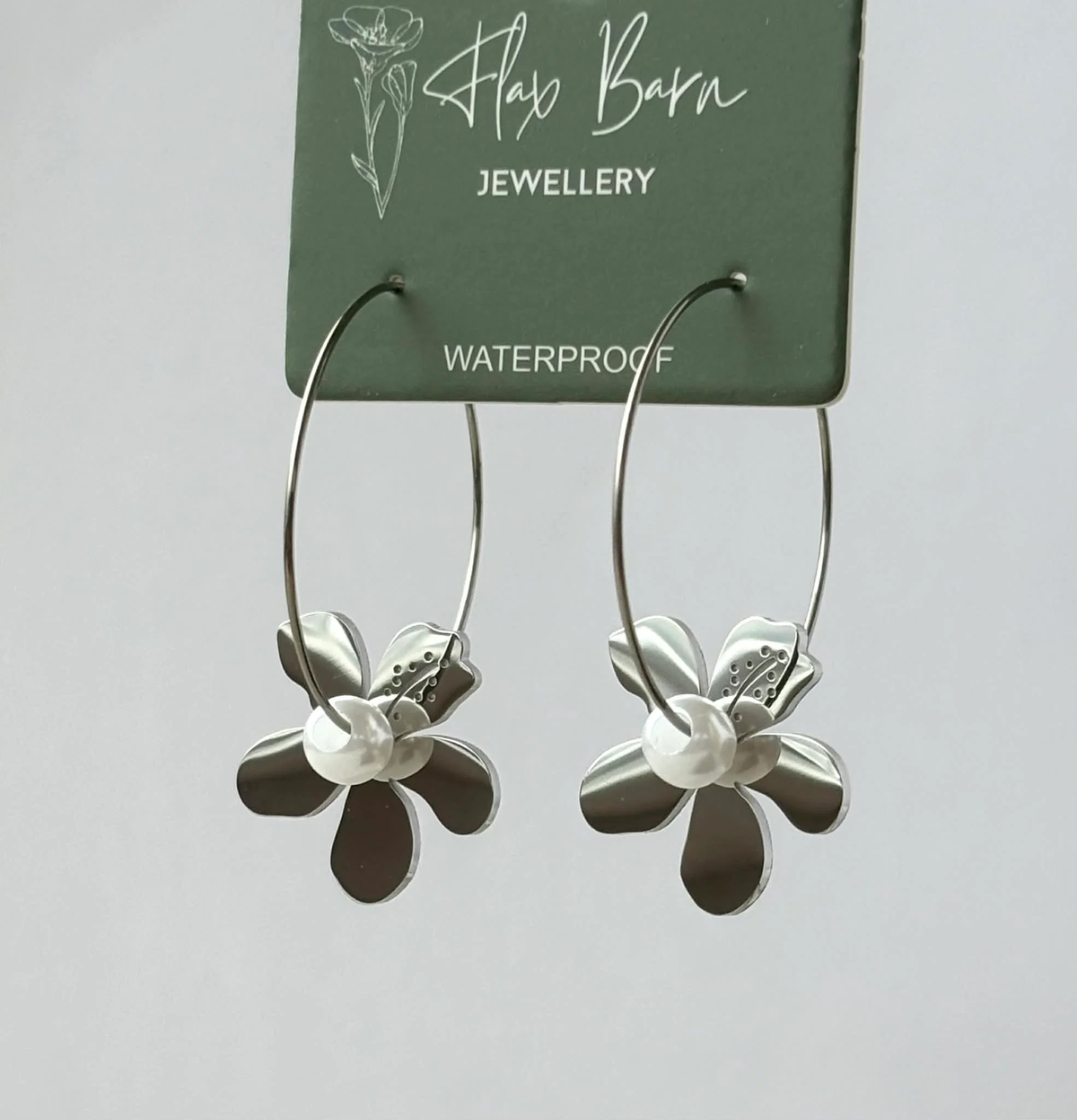 Silver Tropical Flower Dangle Hoop Earrings - Flax Barn Waterproof Jewellery