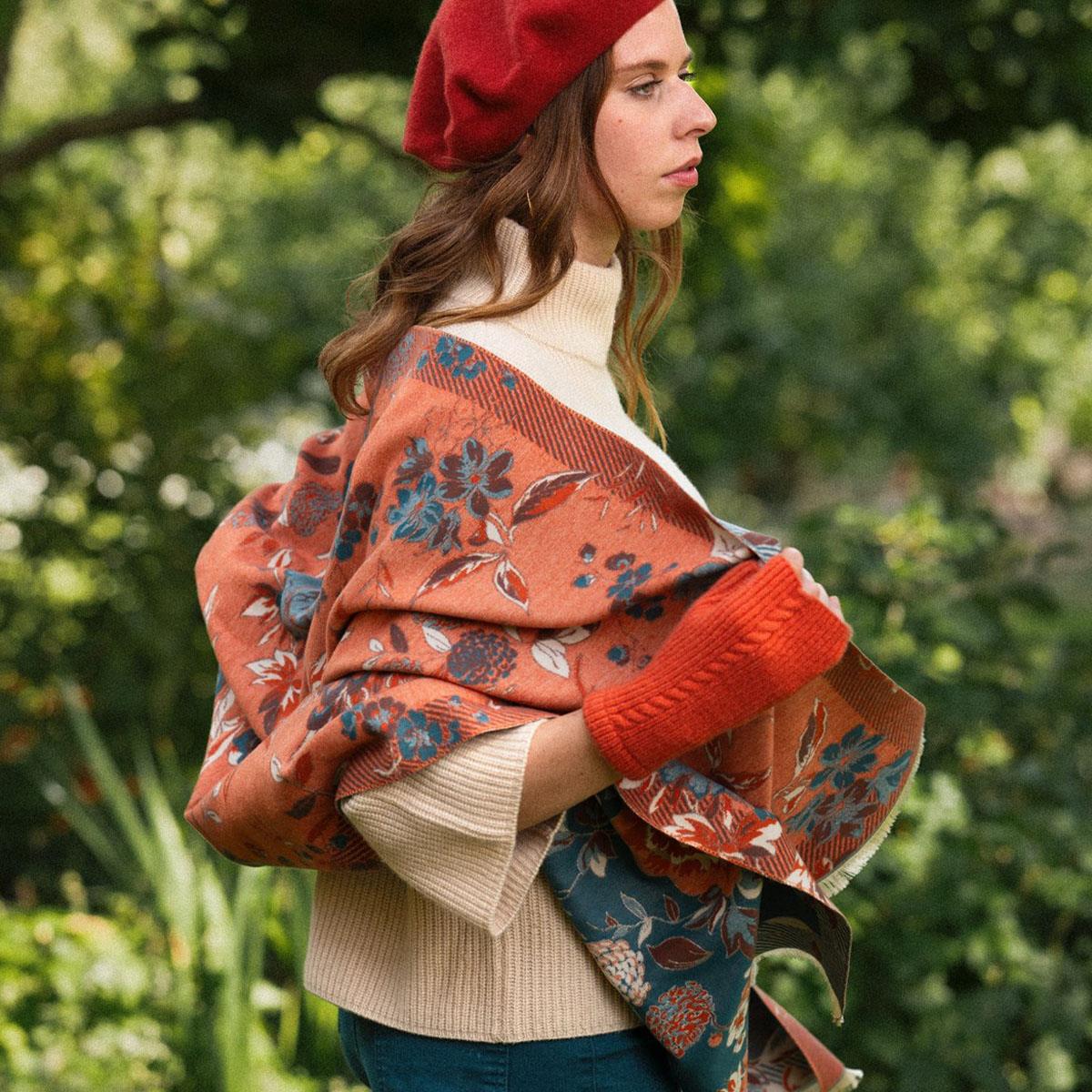 Poppy Woven Floral Scarf -  Teal Orange