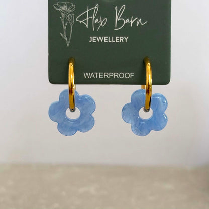 Light Blue Glass Bead Flower Huggies - Flax Barn Waterproof Jewellery