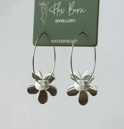 Silver Tropical Flower Dangle Hoop Earrings - Flax Barn Waterproof Jewellery