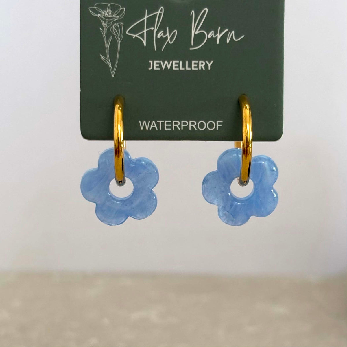 Light Blue Glass Bead Flower Huggies - Flax Barn Waterproof Jewellery