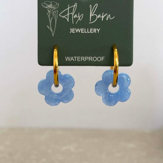 Light Blue Glass Bead Flower Huggies - Flax Barn Waterproof Jewellery