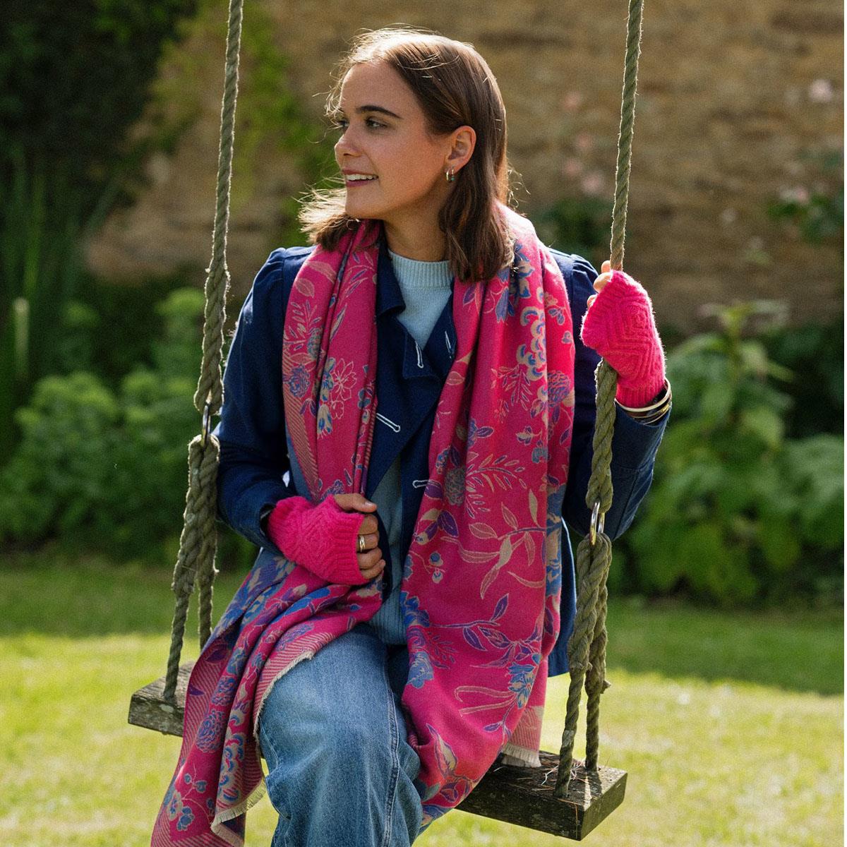 Pippa Woven Floral Scarf -  Cerise Blue