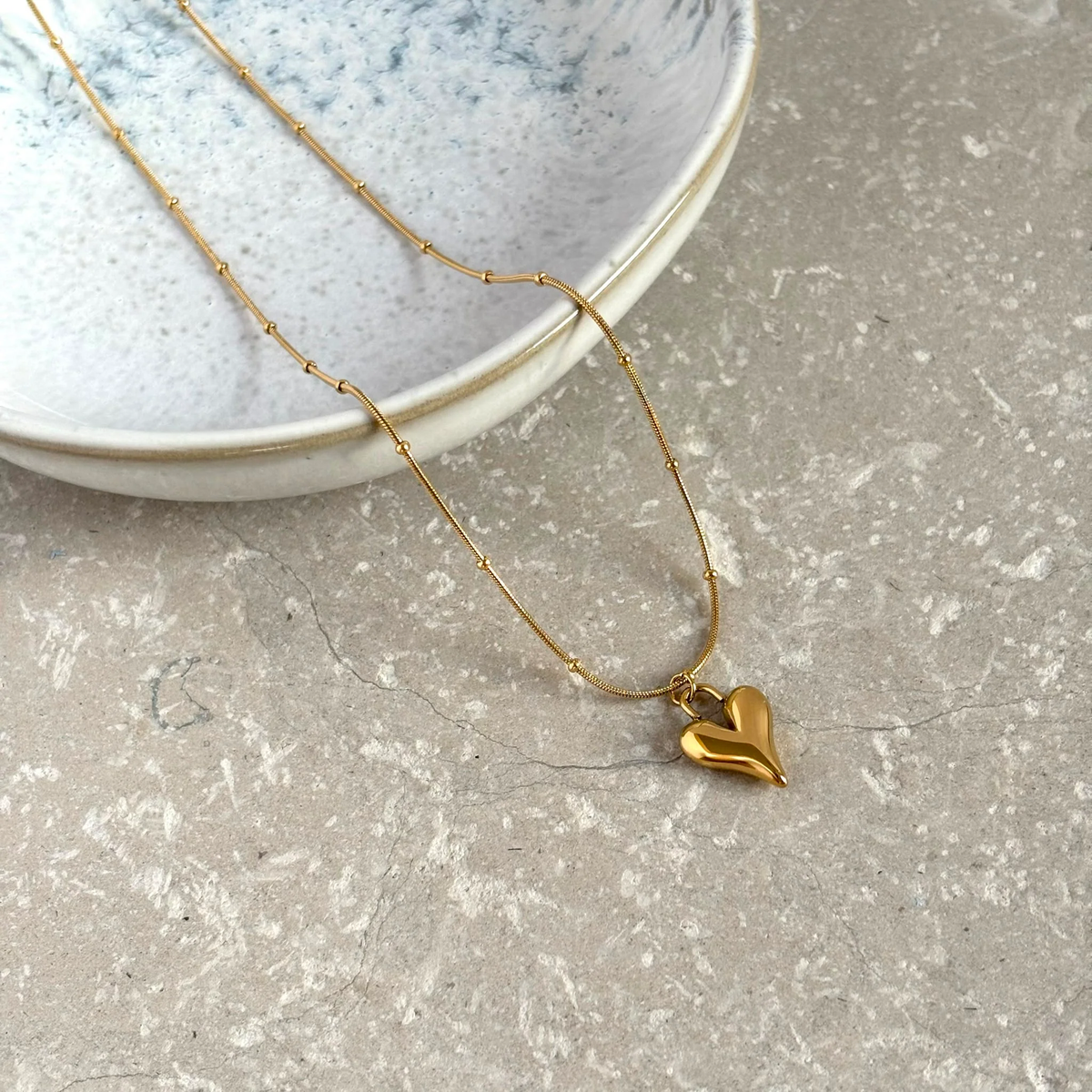 Gold Puffed Heart Drop Necklace - Flax Barn Jewellery