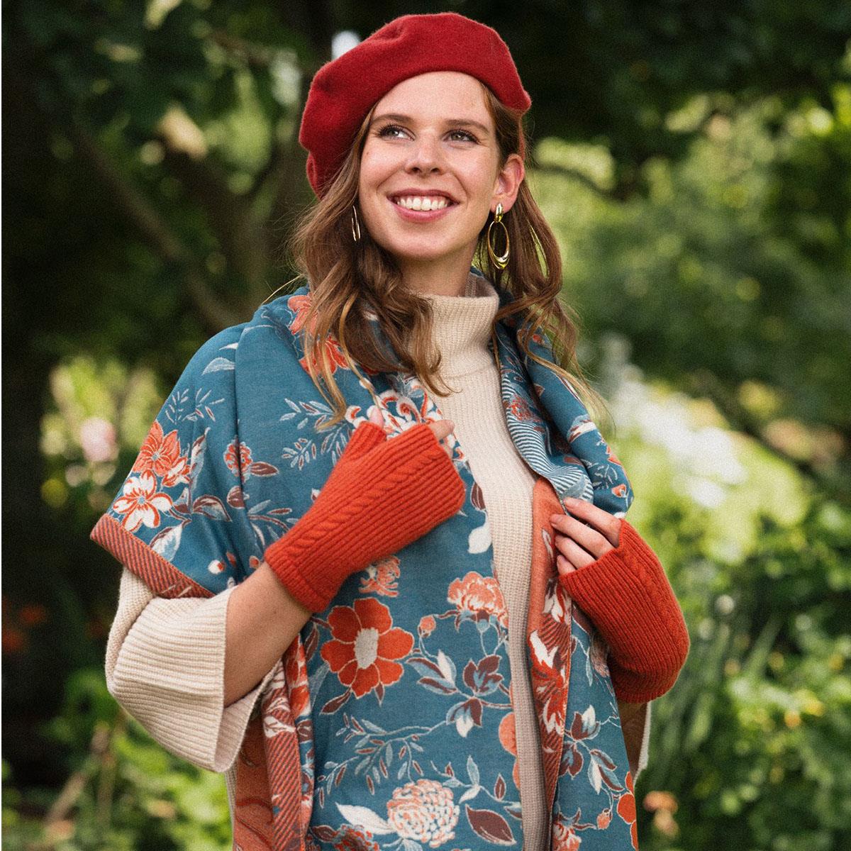 Poppy Woven Floral Scarf -  Teal Orange
