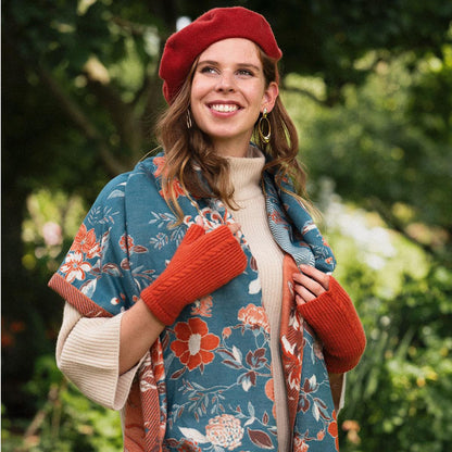 Poppy Woven Floral Scarf -  Teal Orange